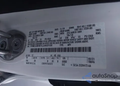 2020 Ford Escape Sel z USA, uszkodzony, nr VIN 1FMCU9H61LUA53135